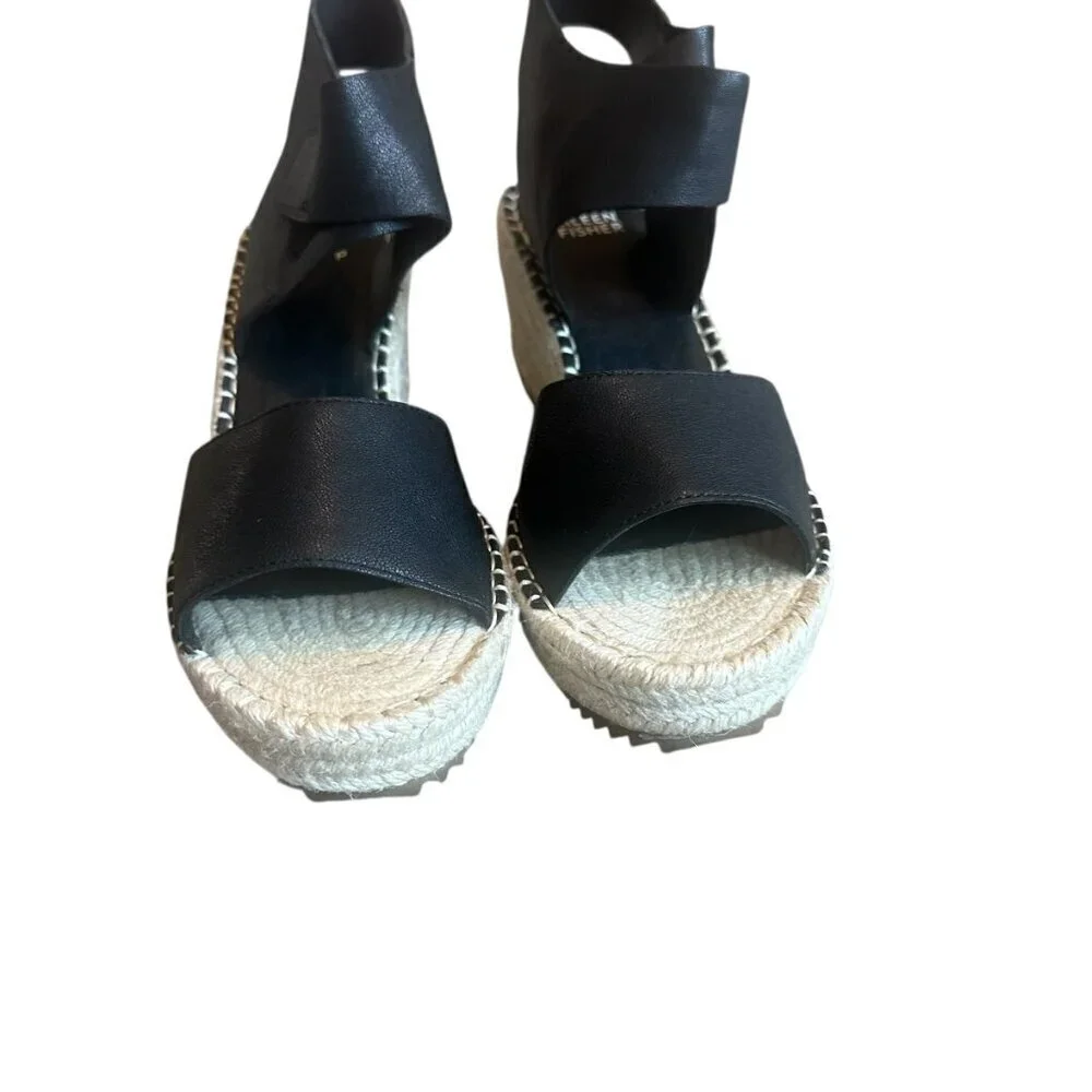 Eileen Fisher Weslia Black Wedge Sandals Espadrille Ankle Strap Size 9 Women's
